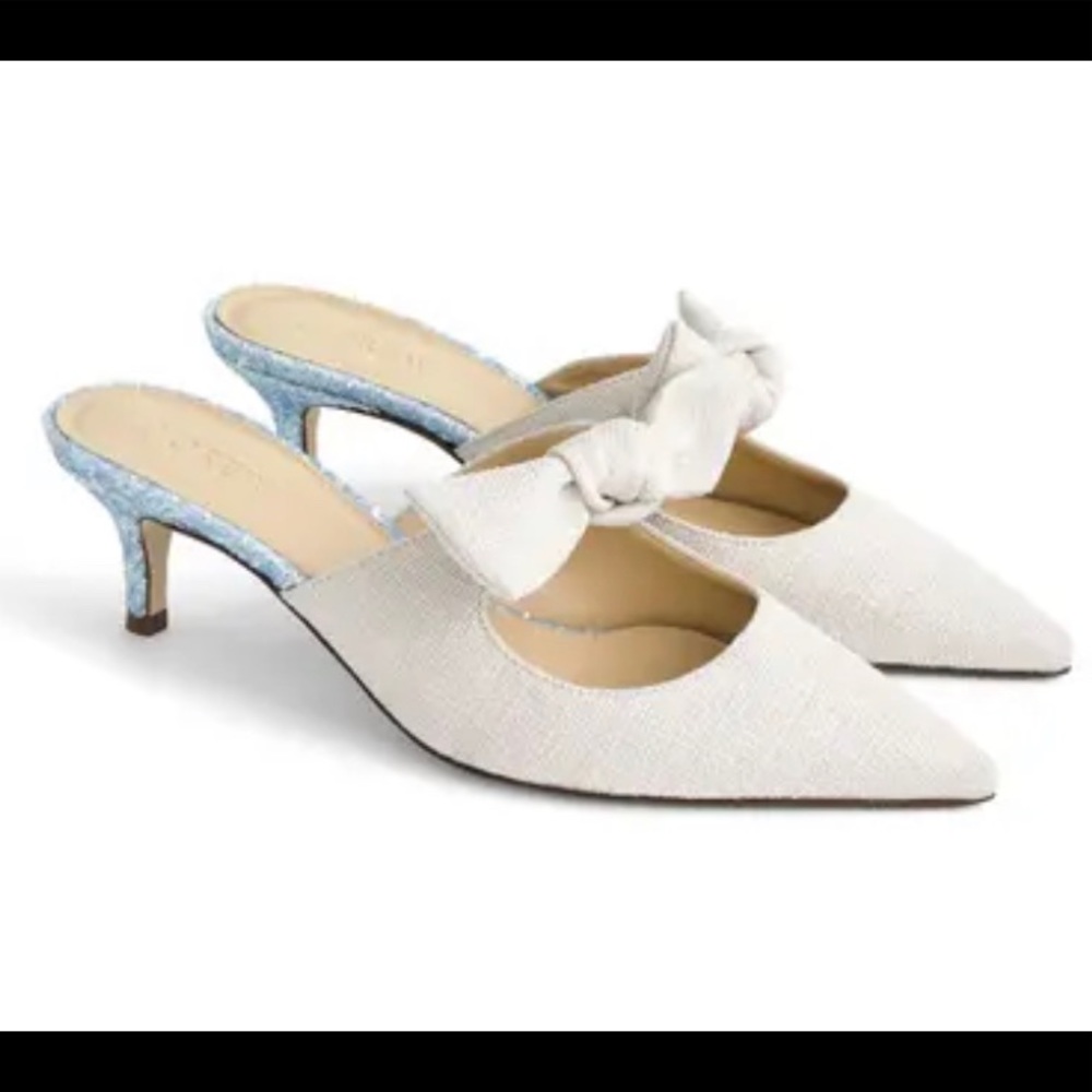 J Crew Sz 10 Sophia Linen Kitten Heel Mule Champagne color w/ blue sparkle heel